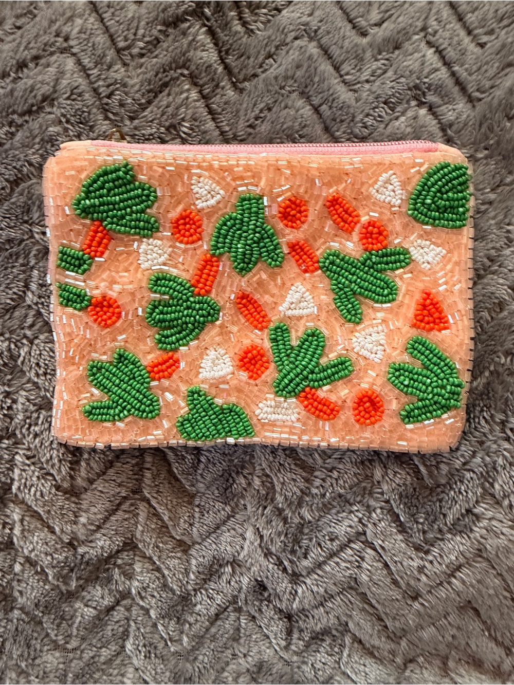 Beaded Peach Zip Pouch with Cactus Accent